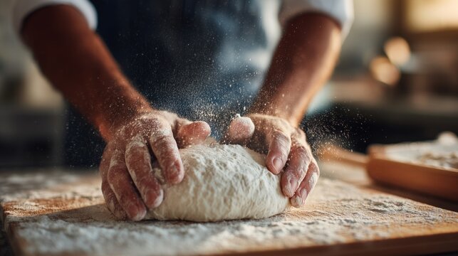 Baker hands kneading bread dough on a floured wooden board, preparing for baking