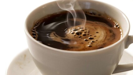 Steaming white ceramic coffee cup with black brew on white background. Hyper-realistic for morning ritual and cafe marketing content
