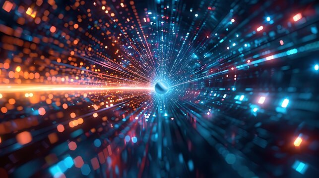 Abstract light tunnel with glowing particles and rays of light in blue and orange