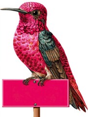 Fototapeta premium Bright Pink Hummingbird Perched on a Blank Sign in a Vibrant Setting