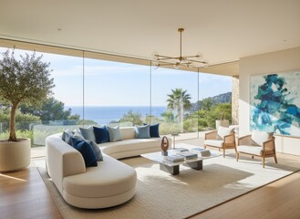 Modern Living Room with Ocean View: Curved Sofa, Natural Light, and Artistic Decor in a Coastal Residence