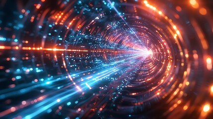 Abstract tunnel with glowing light streaks and circular patterns of light dots