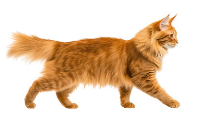 A majestic orange Maine Coon cat gracefully walking across a bright white background. its long fur and elegant posture. perfect for pet-related content in various media