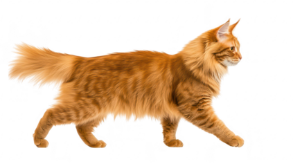 A majestic orange Maine Coon cat gracefully walking across a bright white background. its long fur and elegant posture. perfect for pet-related content in various media