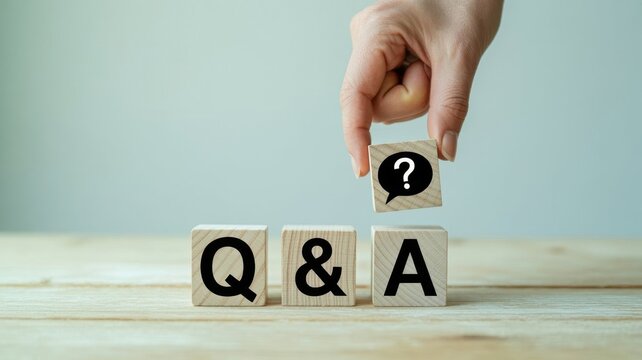 A hand adds a question mark speech bubble icon to wooden blocks spelling out q a, representing a question and answer session or support