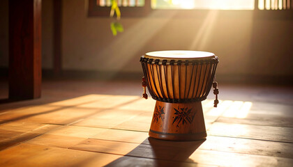A traditional musical instrument, a didinga drum, rests on a simple wooden floor.