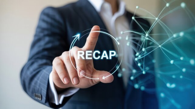 Businessman touching a glowing circle with the word recap inside, symbolizing review, analysis, and future planning in business and technology