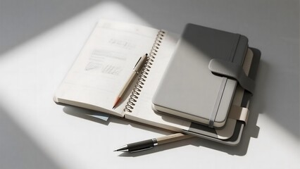 Gray spiral notebook with pen and dotted pages on white background. Photorealistic for productivity and goal-setting content