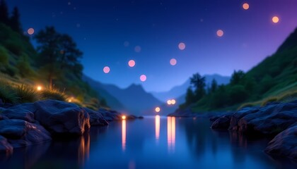 Night river landscape with glowing lights and mountain reflections