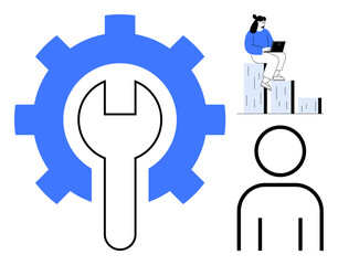 Gear with wrench, woman on bar graph using laptop, abstract human figure. Ideal for workflow, data analysis, problem-solving, human resources, productivity engineering development. Simple flat
