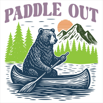 Paddle Out, Bear Paddling Canoe on Mountain Lake with Forest and Sunset Scene