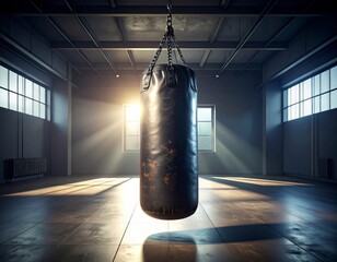 A solitary punching bag hangs ready in a sunlit, empty boxing gym, awaiting intense training