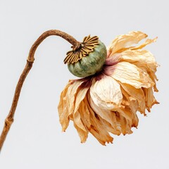 Dried Flower With Detailed Petals and a Green Seed Pod on a Simple Background