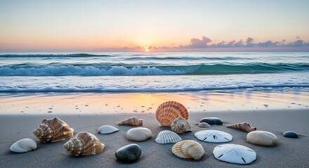Seashell collection on the beach reflecting the vibrant sunrise at the ocean shore offering a serene seaside escape