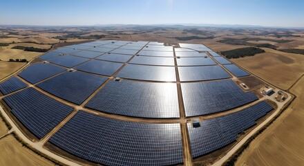 Vast solar farm generating clean energy under a clear blue sky, showcasing renewable power infrastructure in a rural landscape