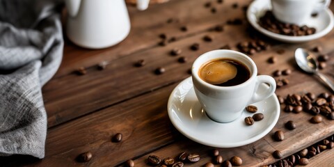 Close-up of a Fresh Cup of Espresso with Crema, Surrounded by Roasted Coffee Beans on a Rustic Wooden Table. Cafe Menus, Marketing Materials.  Cozy, Relaxing Moments. Lifestyle