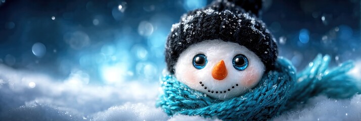 Obraz premium Cute snowman in winter scarf and hat on snowy background with warm holiday lights