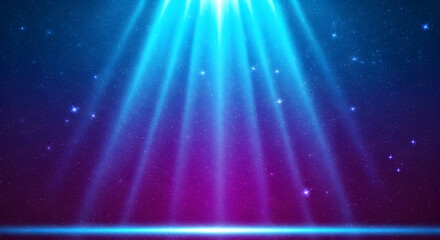 Obraz premium Abstract Blue Purple Light Beams Background with Glowing Particles. Futuristic Stage Spotlight for Modern Event, Cosmic, and Digital Designs.