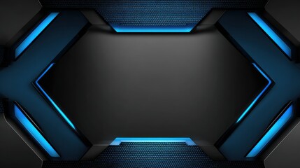 Commercial high-resolution photo of futuristic hexagonal frame with blue glowing lights and dark texture.