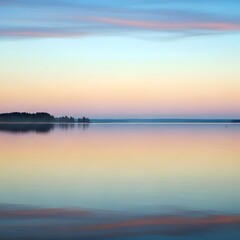 Fototapeta premium Pastel sunrise over calm lake horizon with smooth water reflections and soft sky gradient, tranquil minimalist landscape ideal for wellness, meditation, design, and nature background concepts 