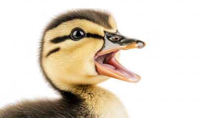 A close-up of a lively duckling with an open beak. its soft feathers and bright eyes against a plain white background. ideal for nature-themed projects or childrens media