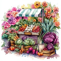 Fresh Vegetables and Vibrant Flowers at a Colorful Market Stand in Springtime