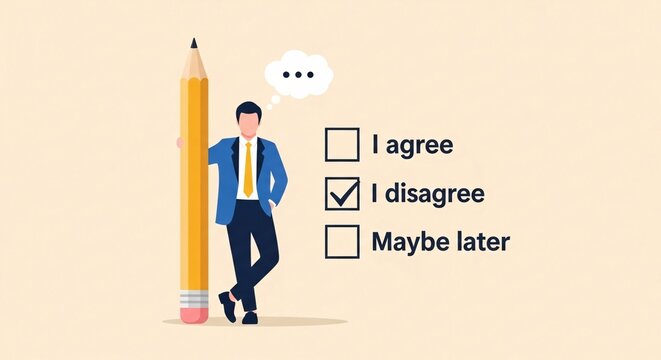 Business choice decisionmaking with disagreement option in a survey checklist evaluation poll and a yellow pencil leaning on cartoon man wearing business suit and tie concept - Powered by Adobe