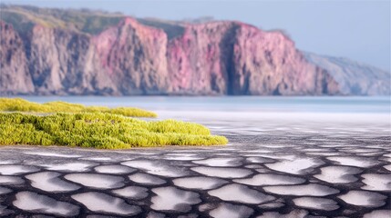 A landscape featuring cracked earth in the foreground, vibrant green coastal vegetation, and distant pink-hued cliffs overlooking the ocean.
