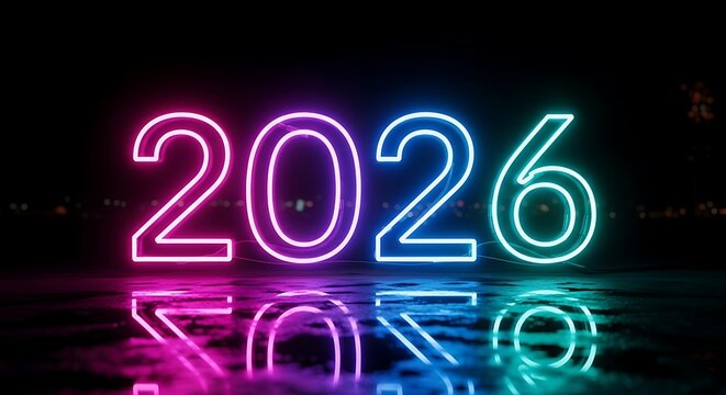 Illuminated neon 2026 sign with pink and blue colors reflecting on surface - Powered by Adobe
