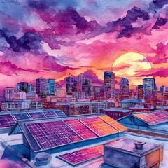 Vibrant Sunset Over a City Skyline With Solar Panels on Rooftops