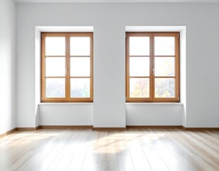 Obraz premium A sunlit, minimalist interior features two wooden-framed windows illuminating the blank white walls and polished wood floor