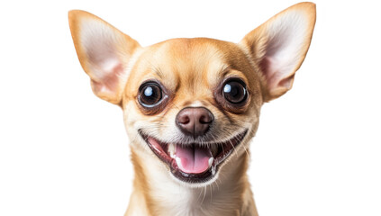 Obraz premium A cheerful Chihuahua dog with bright eyes and a wide smile. posing against a clean white background. its playful personality and potential as a pet photography subject