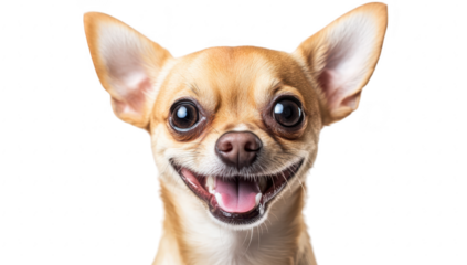 A cheerful Chihuahua dog with bright eyes and a wide smile. posing against a clean white background. its playful personality and potential as a pet photography subject