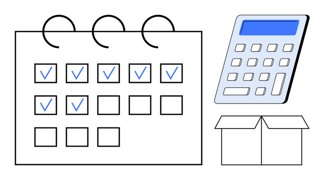 Calendar with checkmarks for task tracking, calculator for budgeting, and package box for logistics. Ideal for productivity, planning, budgeting, scheduling, logistics, organization and delivery