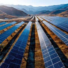 Solar Panels Stretch Across the Landscape in a Mountainous Region During the Day