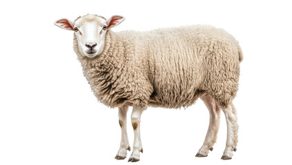 Obraz premium A fluffy. well-groomed sheep stands gracefully on a white background. its woolly coat. ideal for agricultural themes. animal husbandry. or livestock education