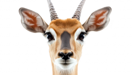 Close-up portrait of an antelope with striking facial features and expressive eyes. its natural beauty against a plain white background. ideal for wildlife photography