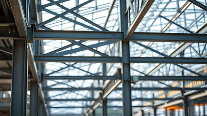  Detailed steel framework in an industrial setting, highlighting structural elements with daylight.