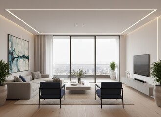 Fototapeta premium Contemporary Living Room with City View: Stylish Seating, Minimalist Design, and Expansive Windows