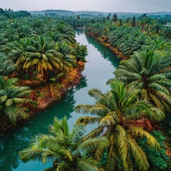 Lush Green Landscape With Winding River and Palm Trees in a Tropical Setting