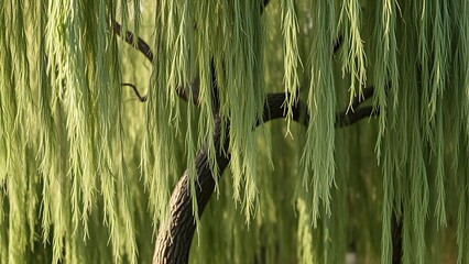  A weeping willow tree with drooping branches in muted green tones.