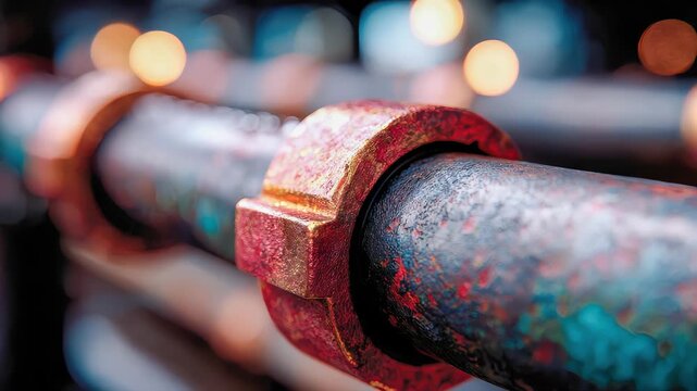 Detailed close-up of a wet industrial pipe with rust and water droplets, representing infrastructure and aging materials
