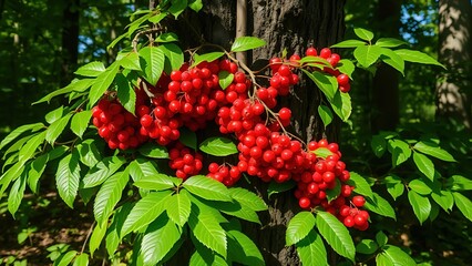 Schisandra vine with red berries growing around a tree trunk in forest. 