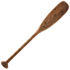 Ornate wooden paddle with intricate carved wave patterns and detailed design.
