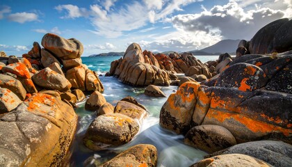 Coastal scene shows eroded, orange-lichen-covered granite boulders bordering turquoise water under a partially clouded sky. Sunlight illuminates the scene