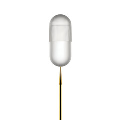 Clear capsule on a golden needle isolated on white background.
