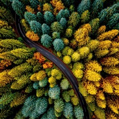 Beautiful Winding Road Through Vibrant Autumn Forest With Colorful Trees