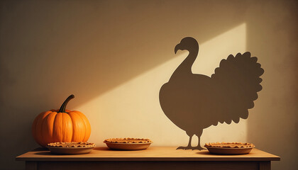 Thanksgiving day celebration featuring fresh pumpkin, pies, and turkey silhouette on table. Thanksgiving day elements create festive mood for traditional holiday gathering,