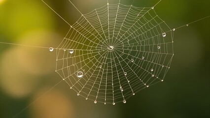 Obraz premium A delicate spiderweb holding morning dew in soft sunrise light. 