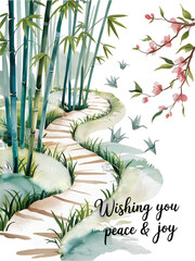 Obraz premium Send wishes of peace and joy with serene bamboo path and origami cranes, perfect for tranquil greeting cards